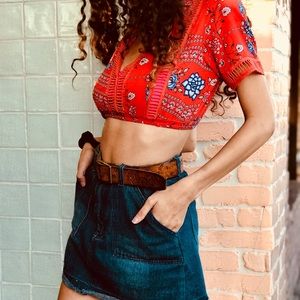 Dark wash denim high waisted mini skirt